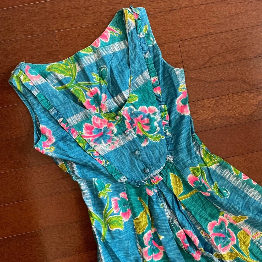 Vintage 60’s 70’s Blue Hawaiian maxi dress size Small hibiscus print tropical - Picture 2 of 10